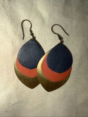 Noonday Collection Layered Teardrop Leather & Metal Earrings - Navy, Coral, Gold